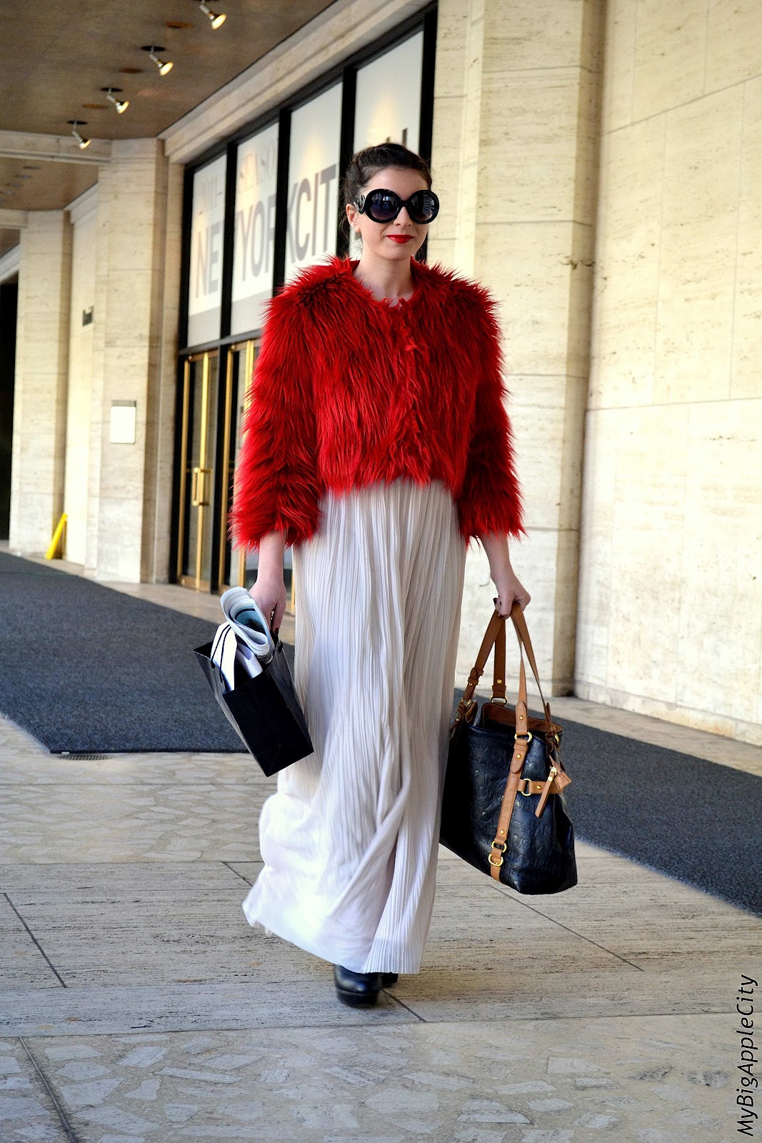 NYC Streetstyle Red Fur Look at NY Fashion Week