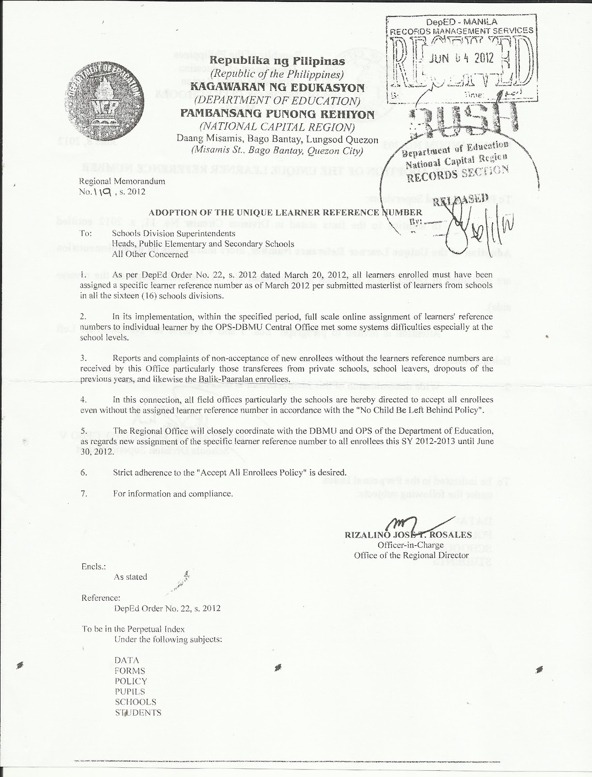 Department of Education Manila Regional Memo 119 s.2012 on the Unique