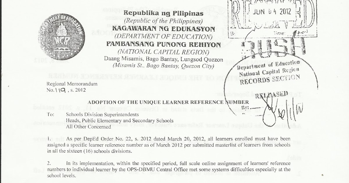 Department of Education Manila Regional Memo 119 s.2012 on the Unique