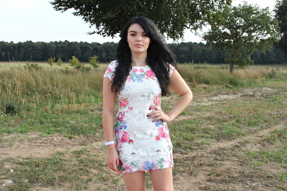 Floral Print and White Lace Dress