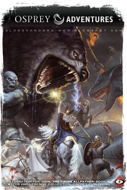 Illustration of Ragnarok, norse mythology, with the gods and creatures Odin, Fenrir, Jotums, Jörmundgander, Thor, Valkyries, viking warrior, and more