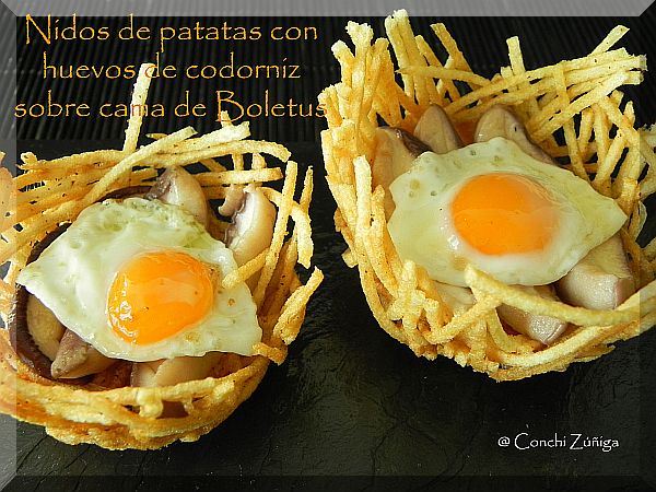 Nidos De Patatas Con Huevos De Codorniz Sobre Cama De Boletus
