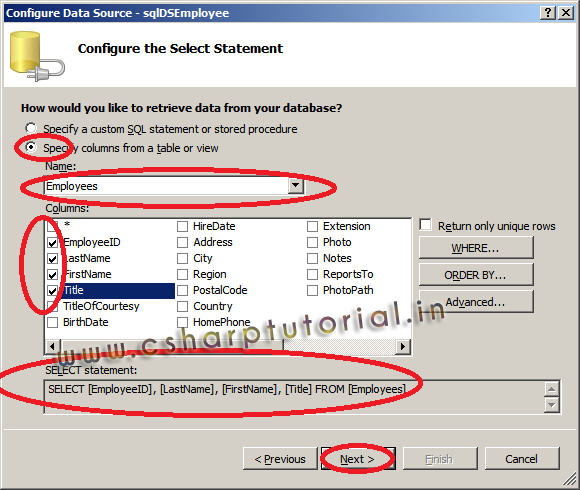 Gridview -Select table and table columns Gridview -Select table and table columns