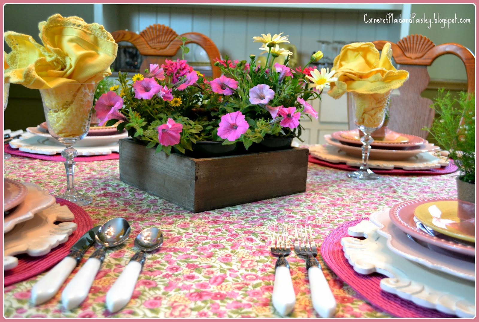 Corner of Plaid and Paisley May Flowers Table