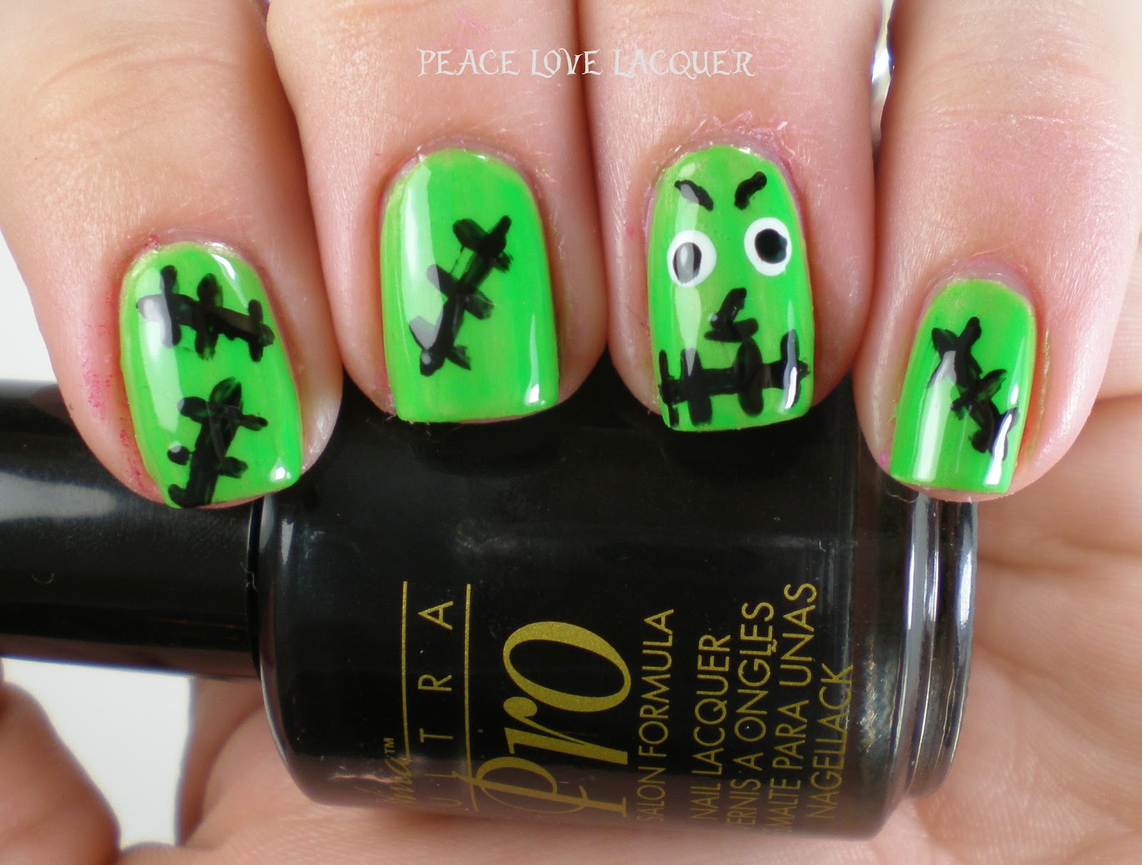 Peace Love Lacquer Yay for October! Frankenstein Nail Art.