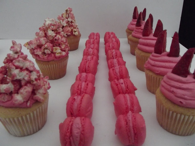 sweet pink popcorn cupcakes,retro strawberry cupcakes ,strawberry blush macaroons .friday 17th feb.