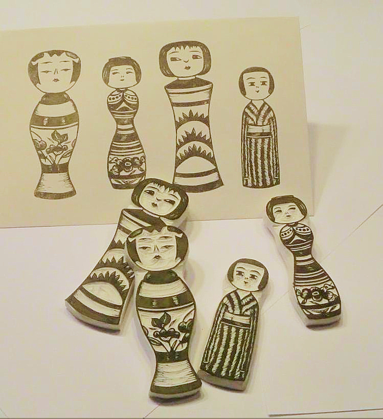 Sparrowfoot Stamps Kokeshi Doll Rubber Stamps, Antique style
