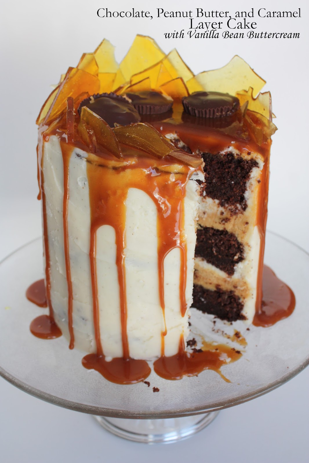 Chocolate, peanut butter, and caramel layer cake with vanilla bean