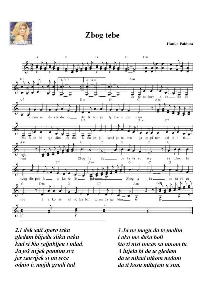 NOTE DOMACE I STRANE ZBOG TEBE HANKA PALDUM AKORDI NOTE