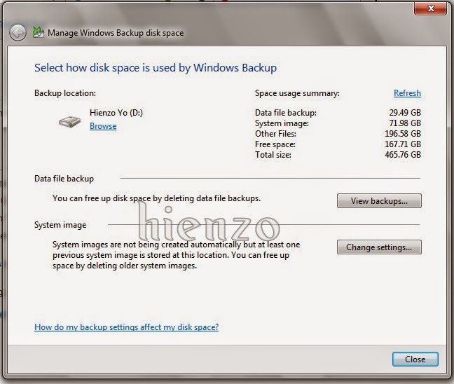 Manage Windows Backup disk space