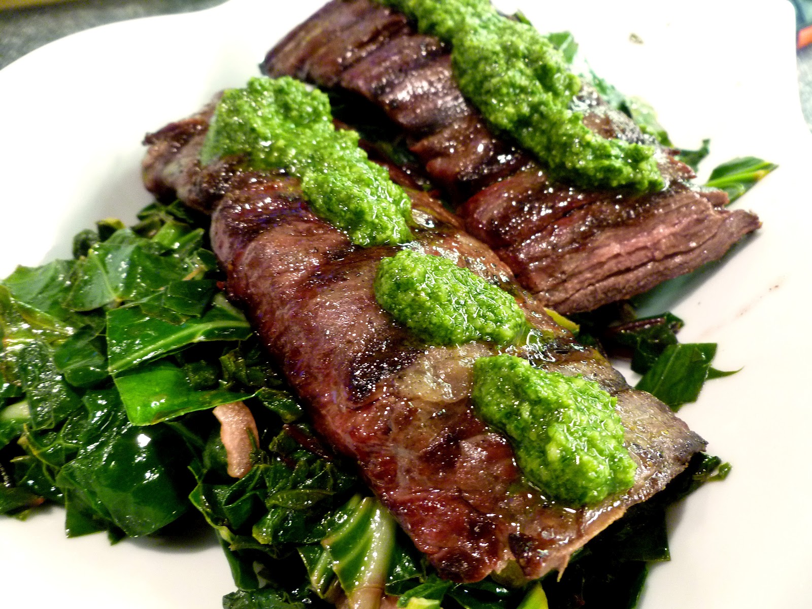 100 Mile Radius Cilantro Pesto with Skirt Steak and Collard Greens
