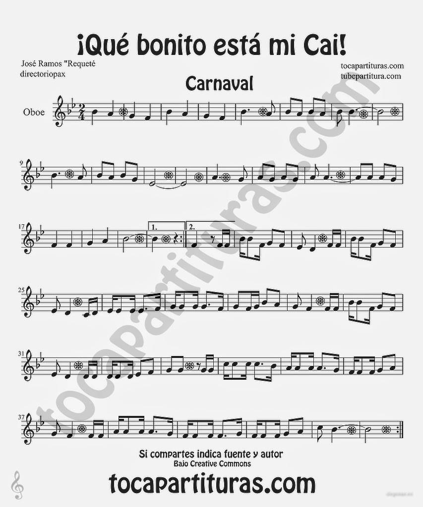 Tubescore Que bonito esta mi Cai Sheet Music for Oboe Carnival Folk Music