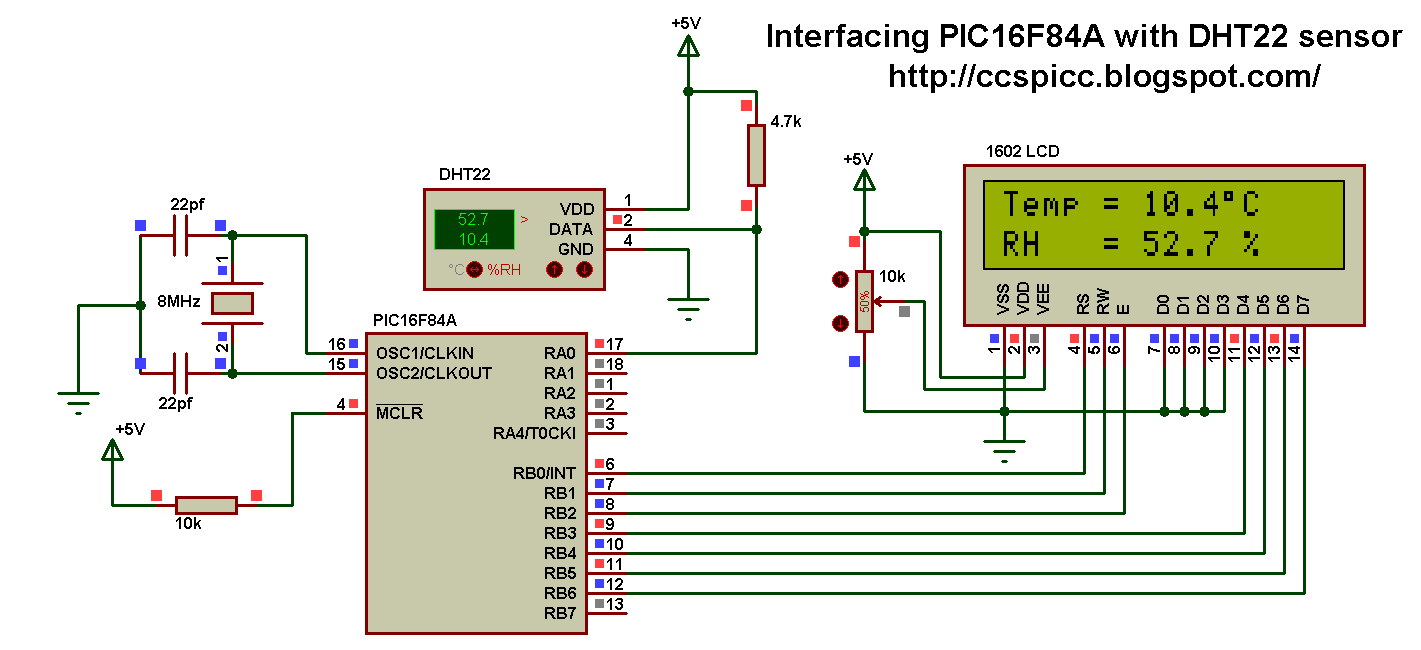 PIC16F84A + DHT22(AM2302, RHT03) sensor Proteus simulation