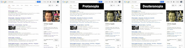 Screen shots of Google results page with two kins of color-blindness simulated.