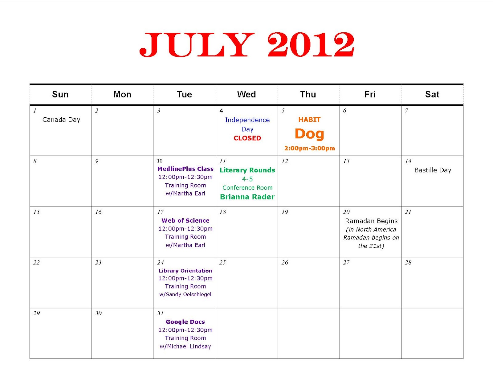 Calendar July 2012