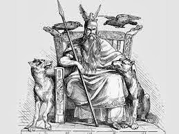 Odin, sus cuervos y lobo.