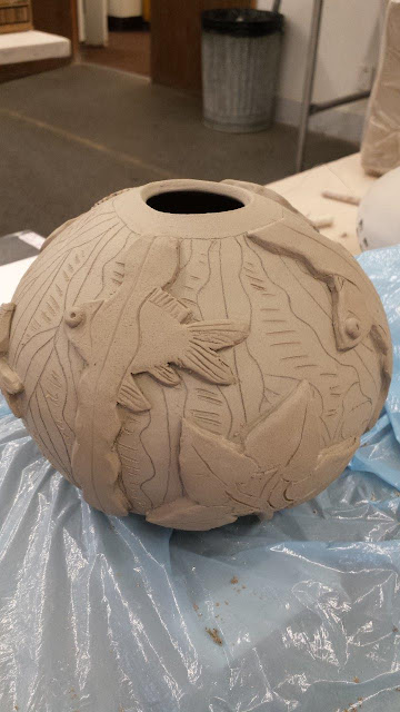 Ceramic pottery sculptural fish bowl in progress.