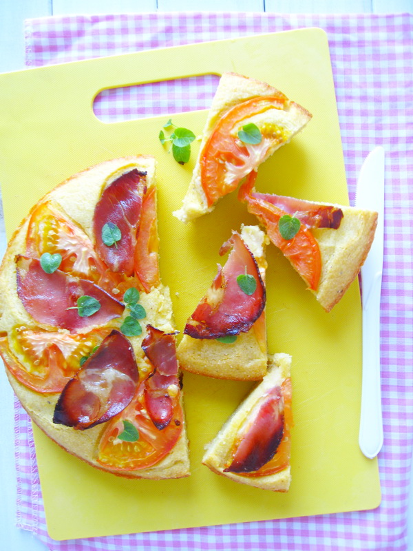 Savory Polenta Cake with RicottaItalian HamTomato and Fresh Oregano