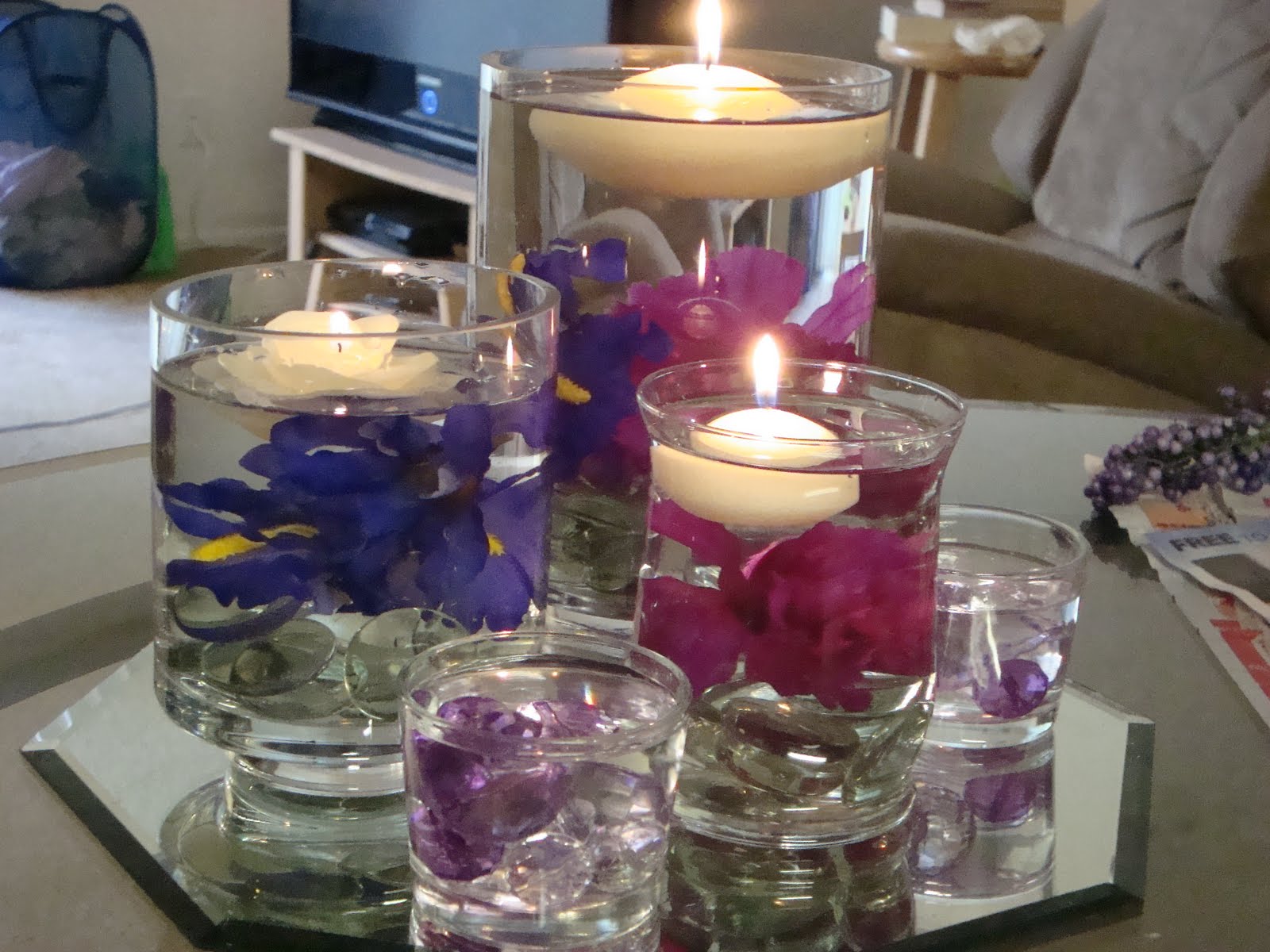 centerpiece candle floating centerpieces cheap ball chain cranberry table inexpensive purple tables candles simple gems without decoration