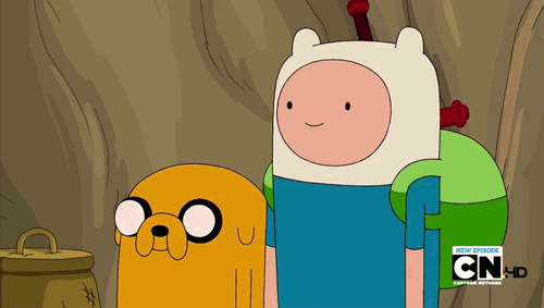 Finn and Jake smiling, then making unsure faces, then making horrified faces.