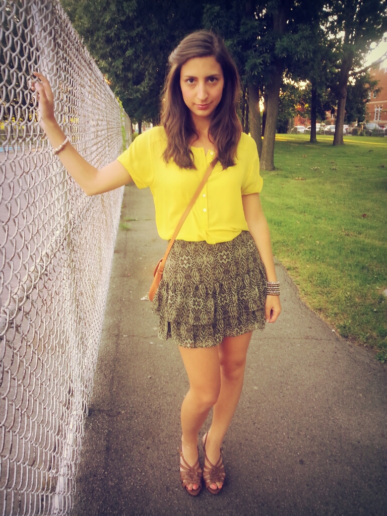 bright yellow top jungle green skirt girl woman fashion purse summer