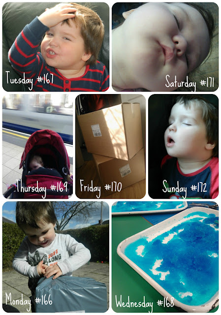 Small girl boy sleep sensory play blue jelly travel London Underground tube Opening parcel boxes