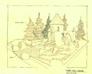 A sketch of the lanscape surrounding The Furry Tail Tower. Created by The Nussbaum Group for Barkitecture 2012. 