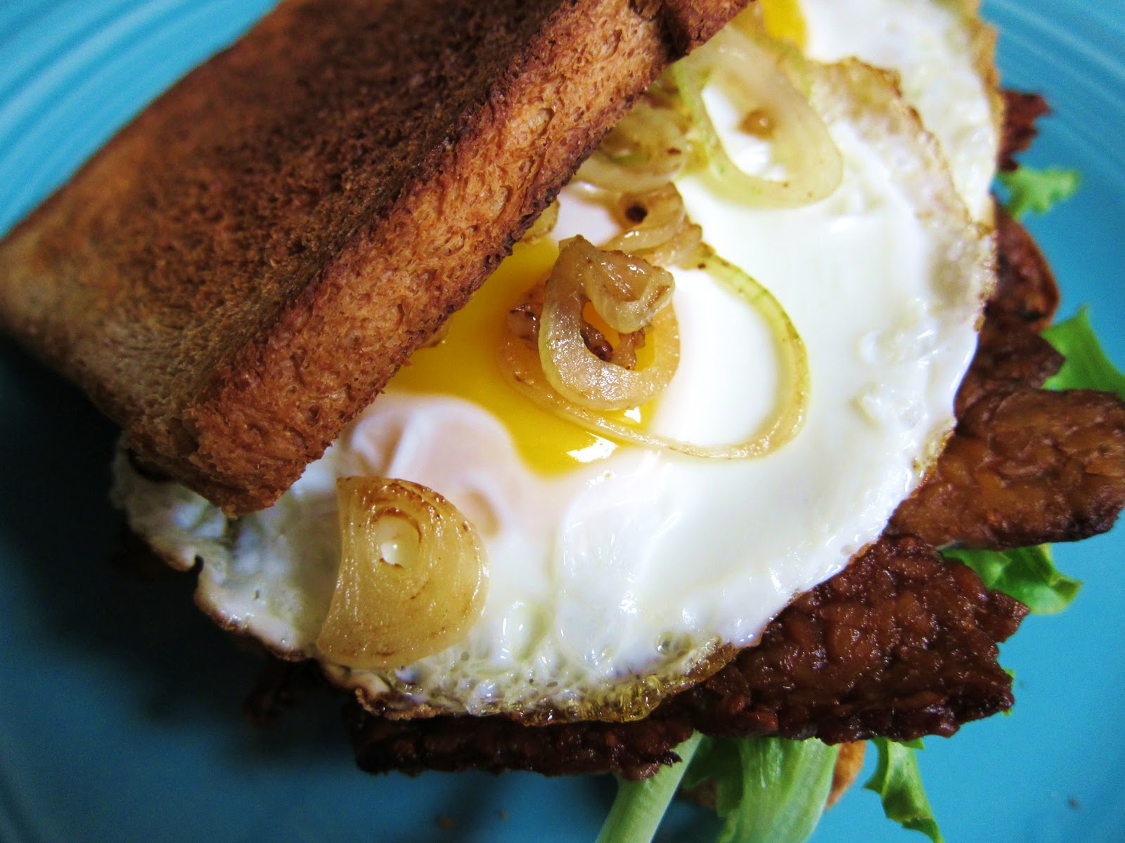 Garlic and Sea Salt Fried Egg and Tempeh Bacon Sandwich with Avocado