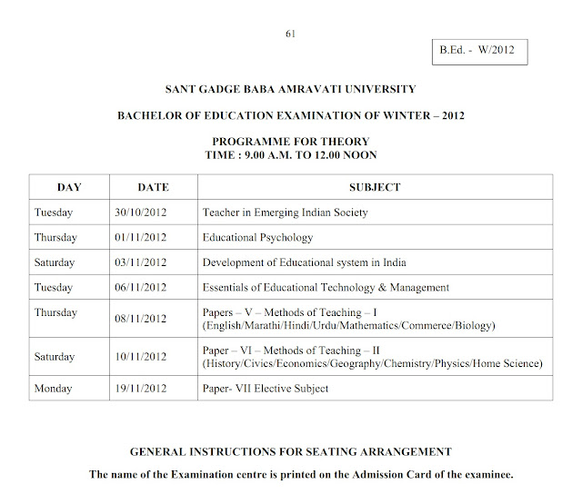 Amravati University B.Ed. Winter 2012 Timetable