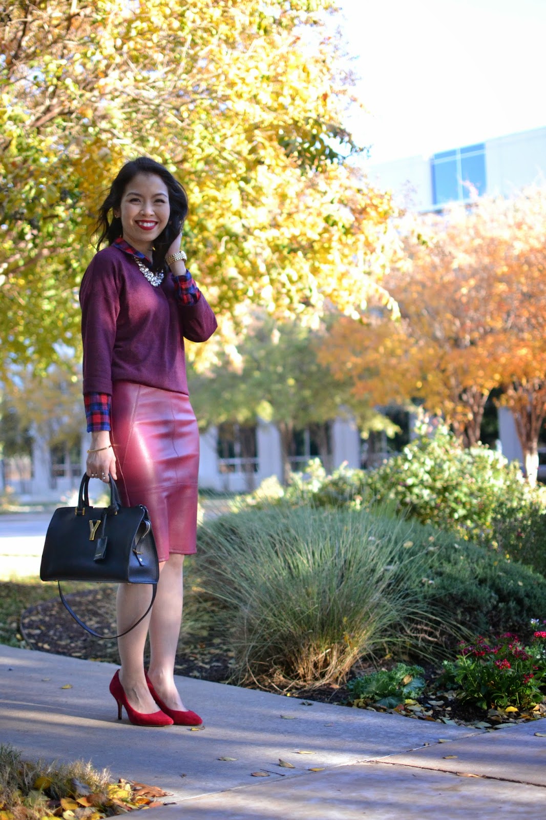 layered%2Bsweater%2Bover%2Bplaid%2Bshirt-plaid%2Bshirt-burgundy%2Bsweater-ASOS%2Bfaux%2Bleather%2Bskirt-leather%2Bshirt-Saint%2BLaurent%2BY-Ligne%2BCabas%2Bbag-statement%2Bnecklace-red%2Blipstick-holiday%2B(2).JPG