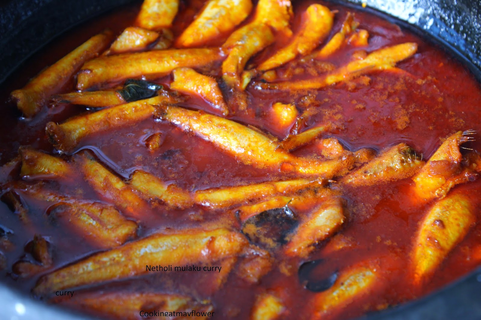Cooking at Mayflower Netholi mulaku curry/Kerala style anchovies in