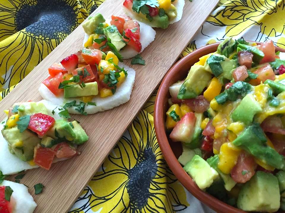 Raw jicama chips n’ salsa Kimchi and Beans