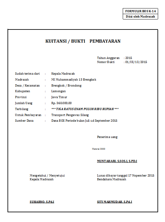 Contoh Kuitansi Bukti Pembayaran Bos Excel 2015 Lamongan Web