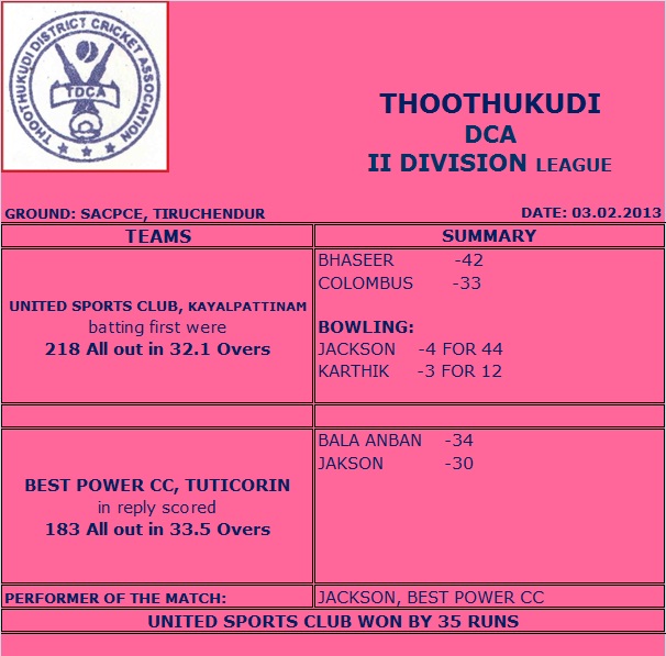 II DIVISION CRICKET LEAGUE - 03.02.2013