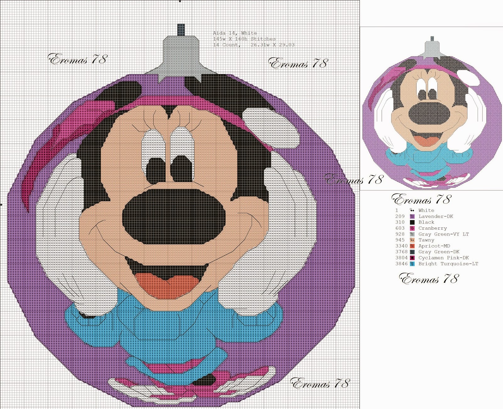 Cross Stitch Mickey Mouse and Friends Christmas Ornaments Free Pattern