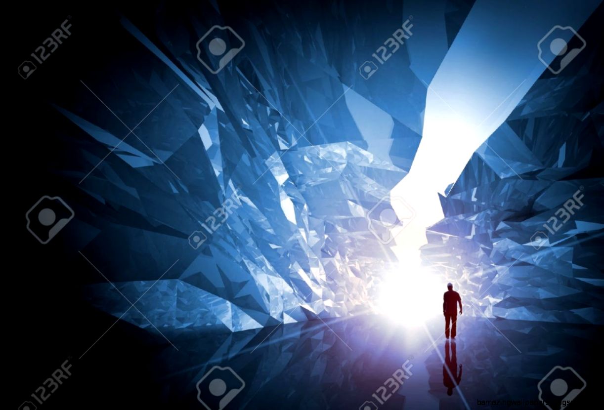 Man Walks Through The Fantasy Crystal Corridor With Rugged Walls Man Walks Through The Fantasy Crystal Corridor With Rugged Walls