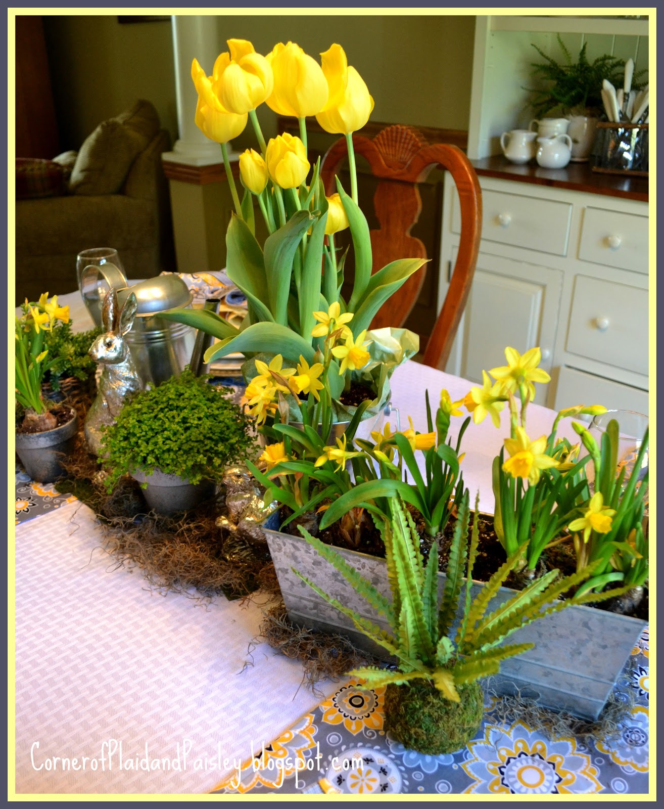 Corner of Plaid and Paisley Yellow and Grey Spring Tablescape