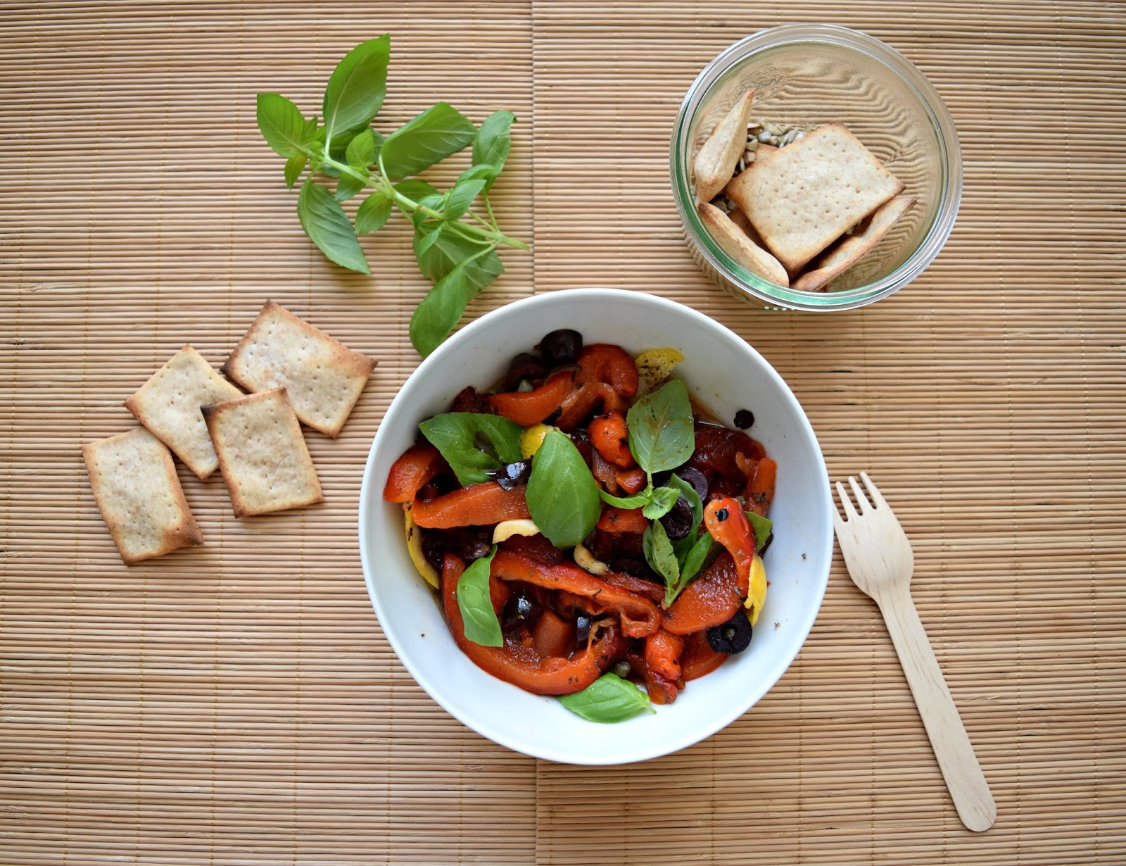 KITCHEN IN THE SAND Grilled pepper salad with capers, olives and lemon