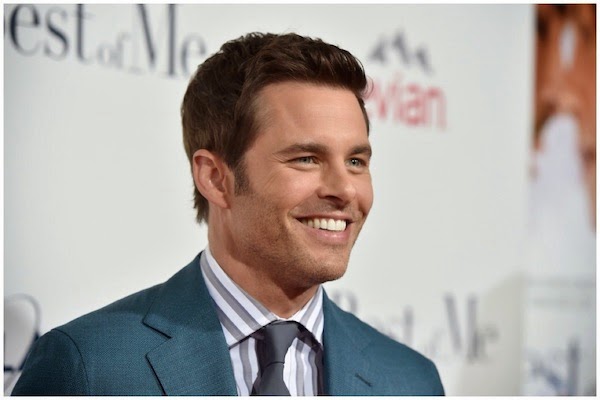 James Marsden wears Thom Sweeney teal coloured suit to The Best Of Me premiere Los Angeles October 2014