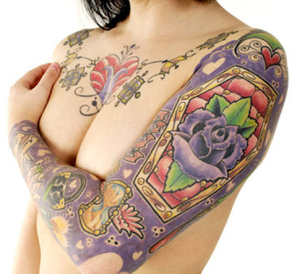 Sexy Tattooed Lady with Arm Sleeves and Chest Tattoo Design