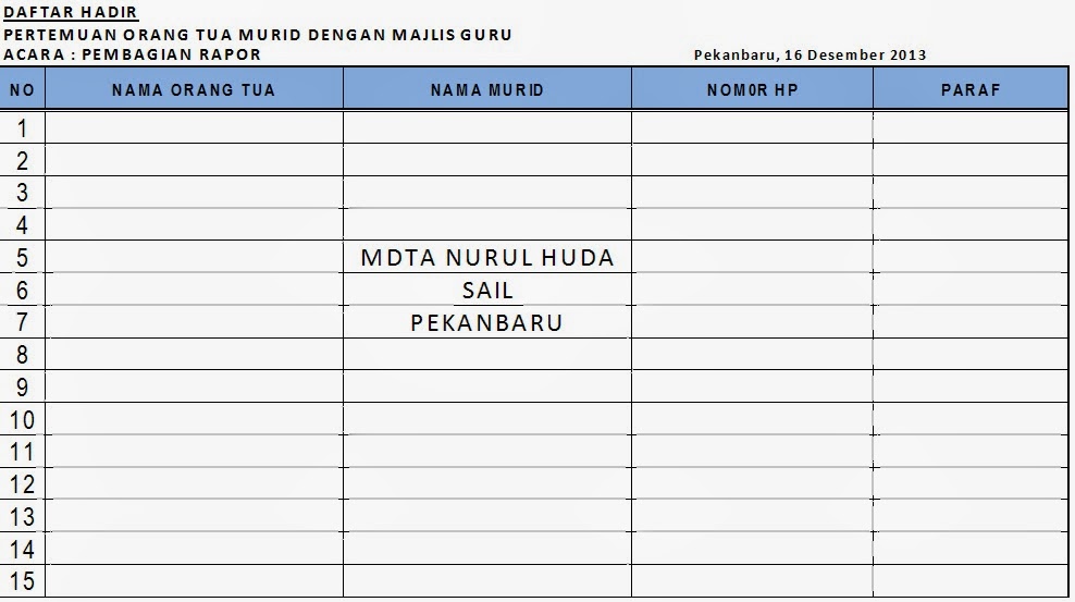 Contoh Daftar Hadir Rapat MDTA NURUL HUDA KEC. SAIL KOTA