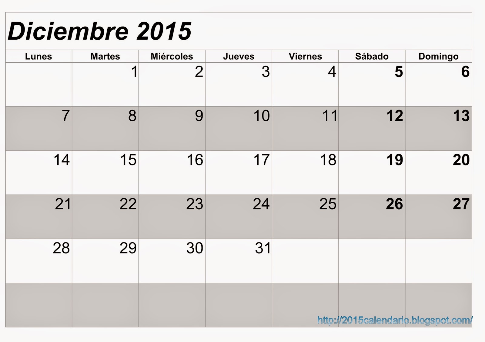 calendario diciembre 2015 para imprimir
