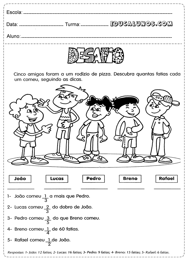 5 amigos foram ao rodizio de pizza. Descubra quantas fatias cada um comeu