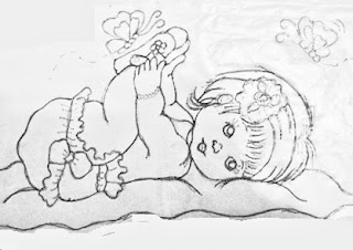 desenho menina bebe deitada com borboletas para pintar em fraldas