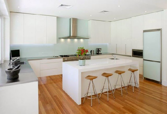 Minimalist Modern White Kitchen with Solid Wood Floor