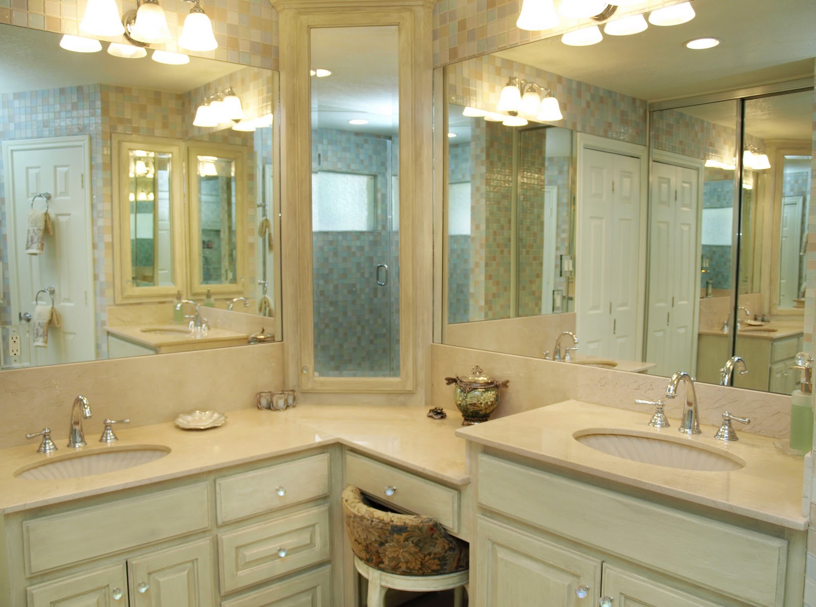 Large bathroom mirrors Corner Vanity Master Bathroom Design
