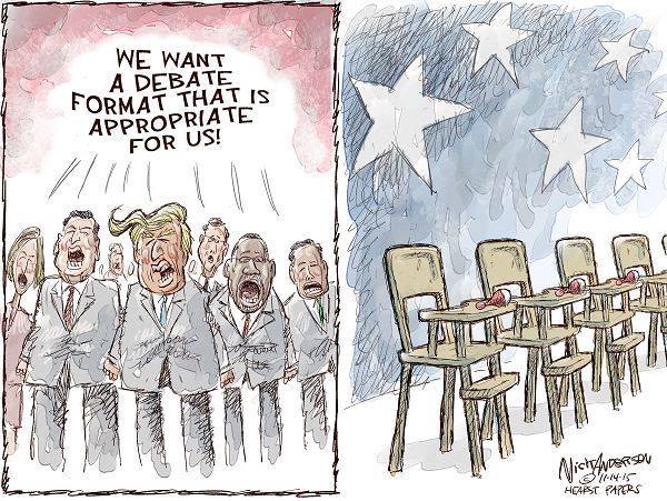 Frame one:   Republican candidates demanding debate terms that are appropriate.  Frame two:  Row of high chairs.