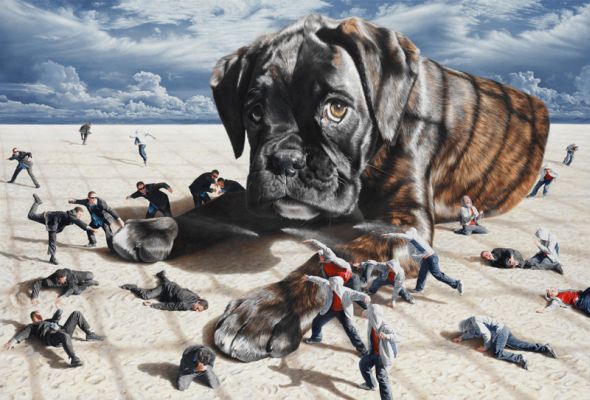 Joel Rea pintura hiper-realista surreal cães gigantes caindo céu Me matando suavemente Joel Rea pintura hiper-realista surreal cães gigantes caindo céu Me matando suavemente