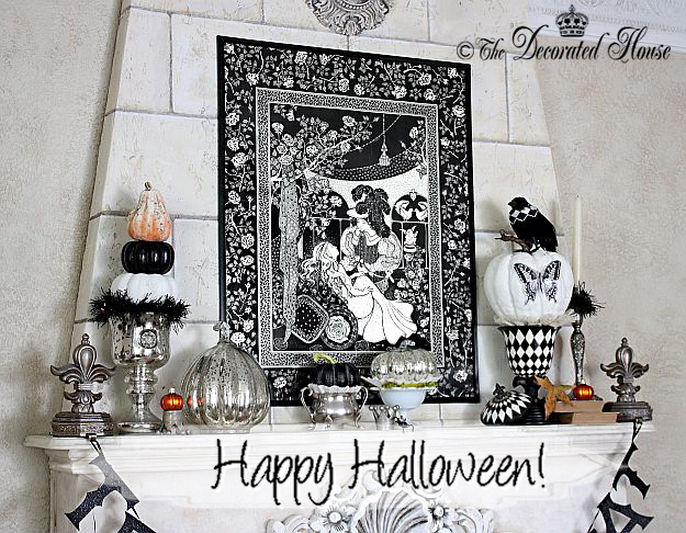 Halloween at The Decorated House. Elegant black and white decorating with mercury glass and silver. 