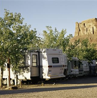 Recreational vehicle camped under trees